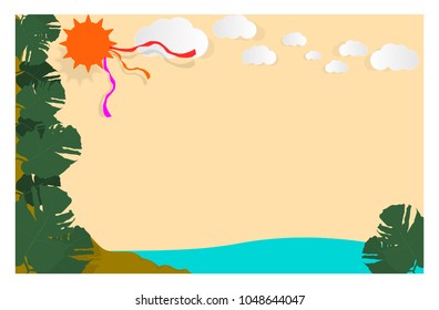 Leaves of creeping plant at the seaside with cloudy day and the sun illustration vector summer theme