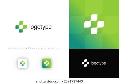 Leaves cross logo, symbolizing health, innovation, and technology. Suitable for medical services, biotech, wellness, and healthcare branding. Vector logo concept.
