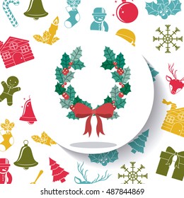 Leaves crown and bowtie inside circle icon. Merry Christmas season and decoration theme. Colorful design. Vector illustration