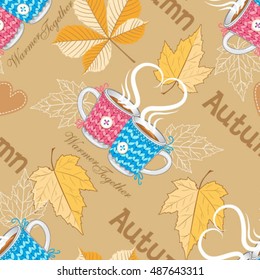 Leaves and cups. Autumn pattern