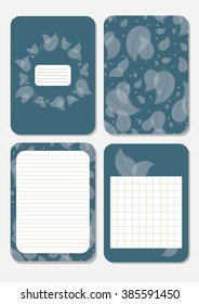 Leaves. Cute pages for notes with cute blue leaves. Notebooks, decals, diary, cards, school accessories. Cute design with seamless patterns with leaves. 