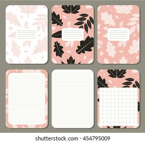 Leaves. Cute pages for notes with cute  leaves. Notebooks, decals, diary, cards, school accessories. Cute design with seamless patterns with leaves. 