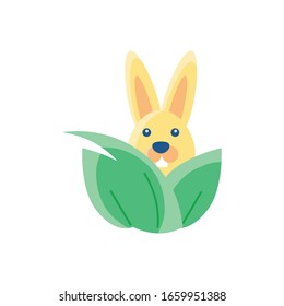 hojas con conejo tierno sobre fondo blanco, icono de estilo plano, ilustración vectorial