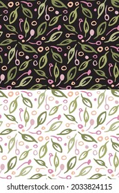 Leaves cute seamless pattern. Hand drawn ink brush stroke nature elements in green, lilac, pink colors. Wblack, white easy editable color background. Vector