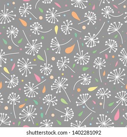 Leaves and dandelion simple minimalistic seamless pattern graphic design for paper, textile print. Floral hand drawn background.