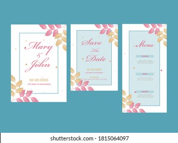 Leaves Decorated Invitation Card, Save The Date, Menu Template Layout for Wedding.