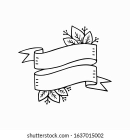 Leaves decorated ribbon frame with blank space for text. Hand-drawn decor for lettering and calligraphy. Template for social networks. Stock vector element isolated on transparent background.