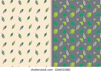 Leaves decorative seamless patterns, set od 2. Doodle cartoon hand drawn design, brush ink stroke. Geometric grid, bright green color palette. Transparent background. Vector illustration