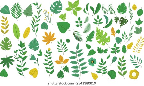 Leaves design element collection - Big vector set or bundle with leaf graphic elements and objects in flat design green and orange colours on white background