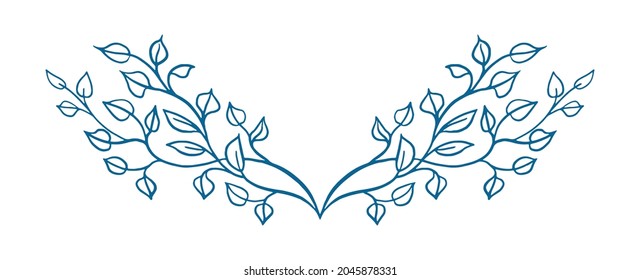 Leaves design element, symmetrical stems or branches of leaves are hand drawn in pretty silhouette design, spring floral illustration in cute sketch for wedding invites or border designs