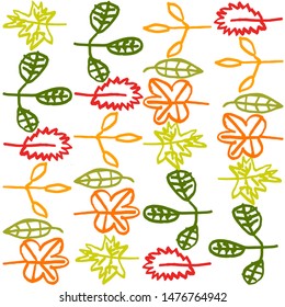 Leaves of different shapes drawn by a contour. Autumn leaves for background. Children's drawing of autumn leaves.