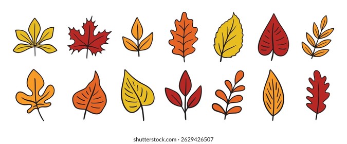 leaves different trees doodle hand drawn icon set. Outline drawing line clipart symbol collection. Vector illustration