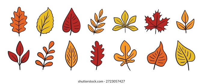 hinterlässt verschiedene Bäume doodle handgezeichnete Symbol-Set. Kollektion von Skizzierlinien-Clipart-Symbolen. Vektorgrafik