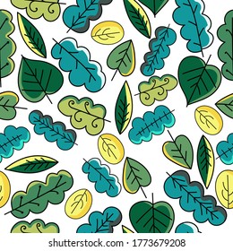 Blätter nahtloses Muster, handgezeichnete Vektorgrafik, süße Blau-, Grün- und Orangenfarben von Naturelementen für Design und Kreativität