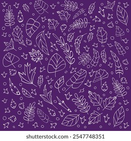 Folhas Doodle Vetor Fundo, desenhado à mão com uma variedade de folhas dinâmicas, para projetos com temas ecológicos, natureza, cartões de saudação, banners, violeta