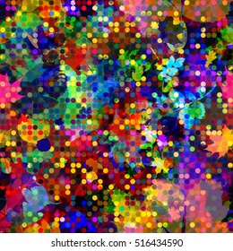 Leaves and dots. Seamless pattern. Colorful. Floral background. Like digital space. 
