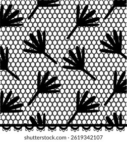 Leaves and a dotted mesh create a seamless textile.  A repeating motif of flora on a net background forms a texture. Cartoon vector illustration
