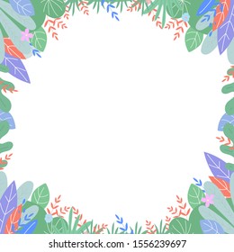 Leaves drawing frame, square boho border in scandinavian style with plants leaf and flowers with place for text on white background. Card photoframe template banner Cartoon flat vector illustration