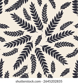 The leaves, drawn with black contours on a cream-colored ground, are placed in various directions. Each leaf form is different; some are long and pointed, others have a more rounded tip