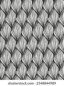 Leaves drawn with line art placed close to form a thick woven pattern in black and white palette. Simple nature repeat. A seamless vector pattern. Great for home decor, fabric, wallpaper, gift wrap.