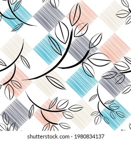 Leaves drawn with a pen and black ink with geometric dashed shapes. Seamless pattern. Vector illustration for web design or print.