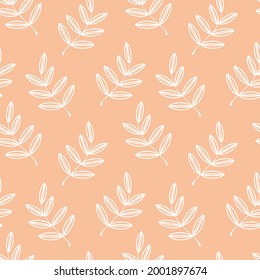 The leaves are drawn with a white outline on a pink background. Foliage and branches seamless pattern for trendy fabrics, decorative pillows, bed linen, interior design. Vector.
