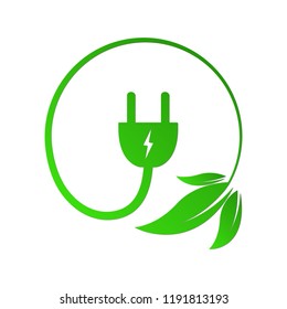 Leaves with electric cable and a plug. Vector illustration. Concept of green energy. Green power concept