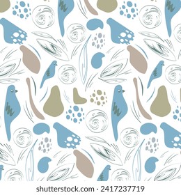 Hojas y elementos en tonos azules y beige. Patrón abstracto sin foco con las aves. Patrón vectorial para tela, textil, fondo, tarjeta, diseño, papel pintado.