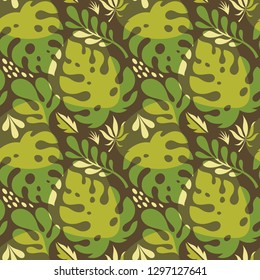 Leaves of exotic plants - creative vector illustration. Floral seamless pattern. Abstract concept background. Tropical summer nature. Graphic design element. Vintage art style. Collage contemporary. 