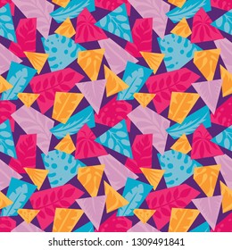 Leaves of exotic plants - creative vector illustration. Floral seamless pattern. Abstract geometric concept background. Graphic design element. Vintage art style. Nature collage contemporary. 