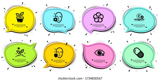 Leaves, Face protection and Face declined signs. Chat bubbles with quotes. Grow plant, Natural linen and Collagen skin line icons set. Myopia, Capsule pill symbols. Leaves, Organic tested. Vector