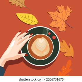 Leaves fall coffe calling. A cup of coffee on the table is a top view. A woman's hand holds a cup of hot drink. Cozy autumn illustration. Table with a cup and autumn leaves