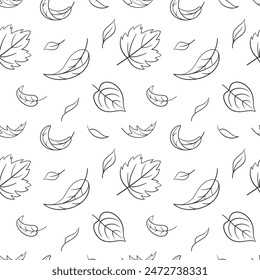 Leaves fall seamless pattern. Vector illustration in doodle style. Wave cold air during windy weather. Maple leaf outline for print and design