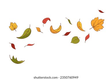 Leaves fall set in cartoon style, vector illustration. Wave cold air during windy weather. Maple leaf outline for print and design. Isolated color element on white background. Autumn symbol nature