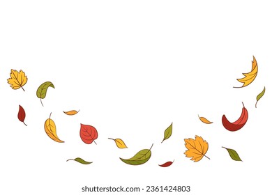 Leaves fall set in cartoon style, vector illustration. Wave cold air during windy weather. Maple leaf outline for print and design. Isolated color elements on white background. Autumn symbol nature