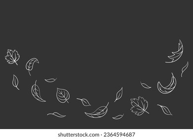 Leaves fall set in doodle style, vector illustration. Wave cold air during windy weather. Maple leaf outline for print and design. Isolated elements on chalk board background. Autumn symbol nature