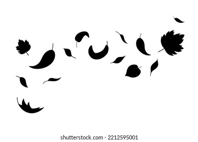 Leaves fall silhouette in simple style, vector illustration. Wave cold air during windy weather. Maple leaf for print and design. Isolated black elements on white background. Autumn symbol nature