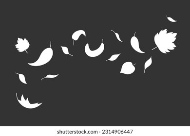 Leaves fall silhouette in simple style, vector illustration. Wave cold air during windy weather. Maple leaf for print and design. Isolated black elements on white background. Autumn symbol nature