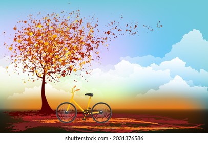 the leaves fall from the trees in autumn with the blue skyand yellow bike