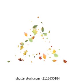 Leaves Falling. Autumn Flying Foliage. Chaotic Green, Yellow, Red Leaf Flying On White Background. Forest Design, Nature Elements. Ecology Vector Illustration. Environment Backdrop.