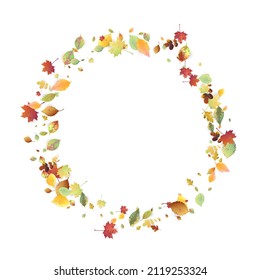 Leaves Falling. Autumn Flying Foliage. Chaotic Green, Yellow, Red Leaf Flying On White Background. Forest Design, Nature Elements. Ecology Vector Illustration. Environment Backdrop.