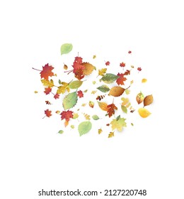 Leaves Falling. Autumn Flying Foliage. Chaotic Green, Yellow, Red Leaf Flying On White Background. Forest Design, Nature Elements. Ecology Vector Illustration. Environment Backdrop.