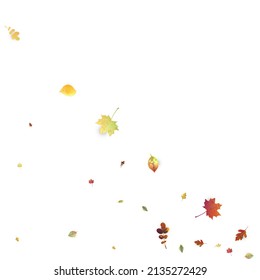 Leaves Falling. Autumn Flying Foliage. Chaotic Green, Yellow, Red Leaf Flying On White Background. Forest Design, Nature Elements. Ecology Vector Illustration. Environment Backdrop.