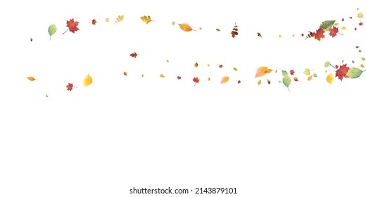 Leaves Falling. Autumn Flying Foliage. Chaotic Green, Yellow, Red Leaf Flying On White Background. Forest Design, Nature Elements. Ecology Vector Illustration. Environment Backdrop.