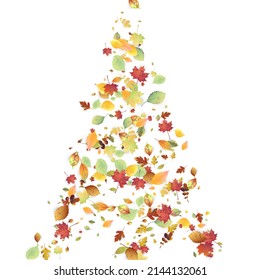 Leaves Falling. Autumn Flying Foliage. Chaotic Green, Yellow, Red Leaf Flying On White Background. Forest Design, Nature Elements. Ecology Vector Illustration. Environment Backdrop.