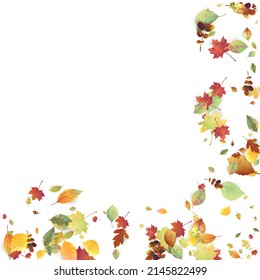 Leaves Falling. Autumn Flying Foliage. Chaotic Green, Yellow, Red Leaf Flying On White Background. Forest Design, Nature Elements. Ecology Vector Illustration. Environment Backdrop.