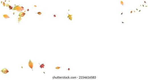 Leaves Falling. Autumn Flying Foliage. Chaotic Green, Yellow, Red Leaf Flying On White Background. Forest Design, Nature Elements. Ecology Vector Illustration. Environment Backdrop.