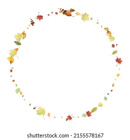 Leaves Falling. Autumn Flying Foliage. Chaotic Green, Yellow, Red Leaf Flying On White Background. Forest Design, Nature Elements. Ecology Vector Illustration. Environment Backdrop.