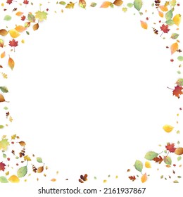 Leaves Falling. Autumn Flying Foliage. Chaotic Green, Yellow, Red Leaf Flying On White Background. Forest Design, Nature Elements. Ecology Vector Illustration. Environment Backdrop.