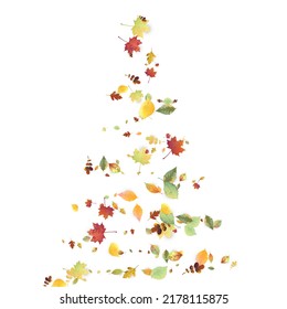 Leaves Falling. Autumn Flying Foliage. Chaotic Green, Yellow, Red Leaf Flying On White Background. Forest Design, Nature Elements. Ecology Vector Illustration. Environment Backdrop.
